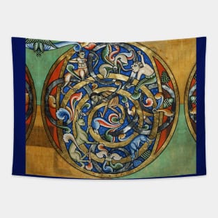 MEDIEVAL BESTIARY Centaur, Fantastic Animals Gold Blue Round Tapestry