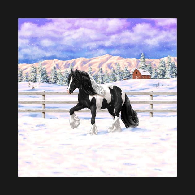 Black Pinto Piebald Gypsy Vanner Draft Horse Trotting in Snow by csforest