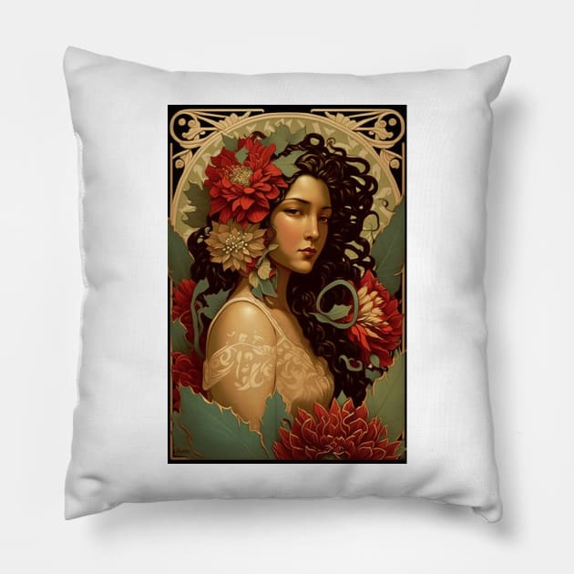 Mexican Beauty with Dahlias Pillow by ArtNouveauChic