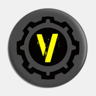 Yellow Letter V in a Black Industrial Cog Pin