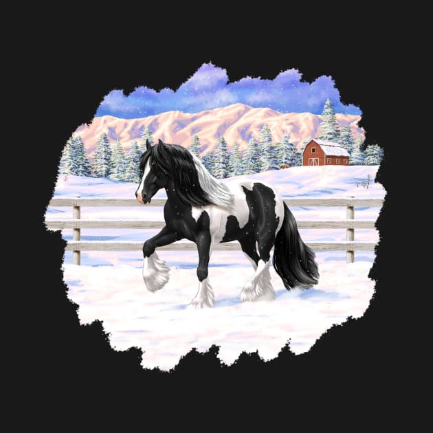 Black Pinto Piebald Gypsy Vanner Draft Horse Trotting in Snow by csforest