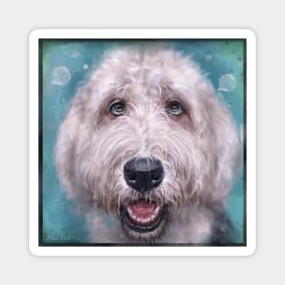 Painting of an Old English Sheep Dog on Blue Background Magnet