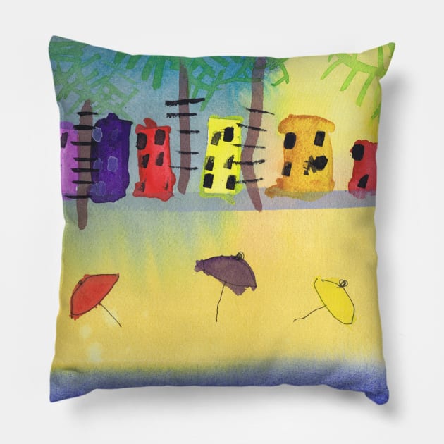 Miami Beach Watercolor Pillow by Rita Winkler