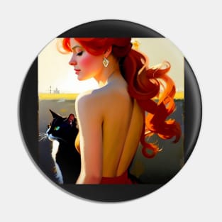 A Redhead and Her Black and White Cat Pin