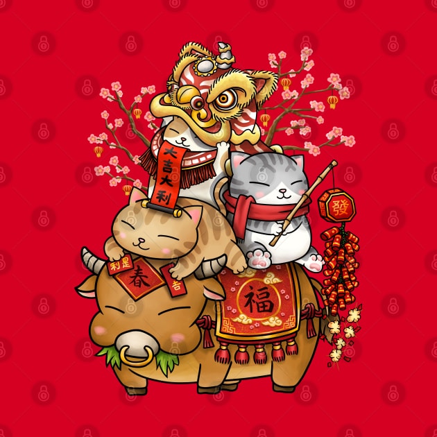 Chinese New Year Cats on Ox by Takeda_Art