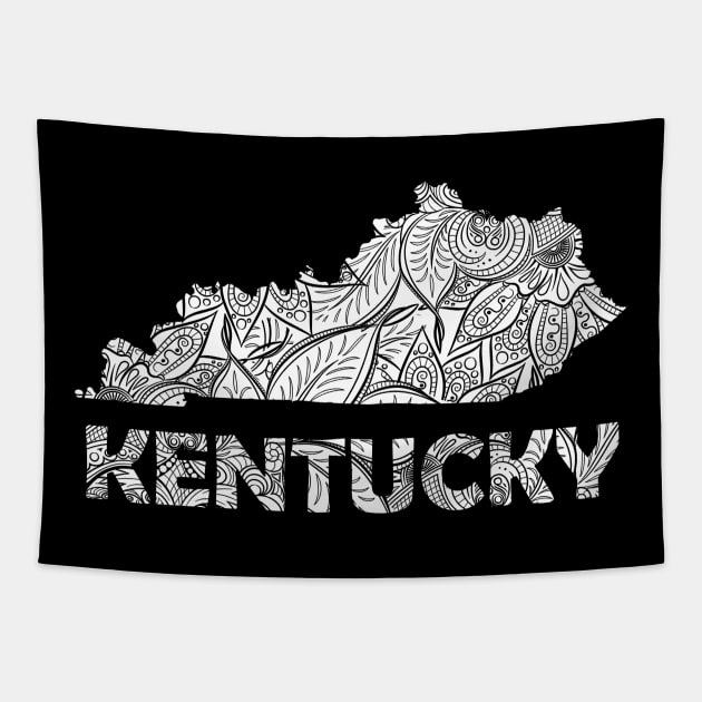 Mandala art map of Kentucky with text in white Tapestry by Happy Citizen