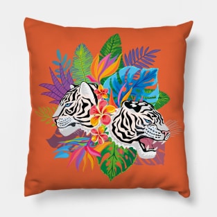 White Tigers and Exotic Flowers Pillow