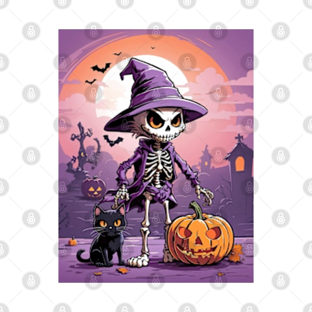 Well dressed Halloween skeleton with cat and pumpkin by BrisaArtPrints