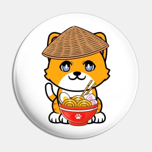 Funny orange cat is eating noodles Pin
