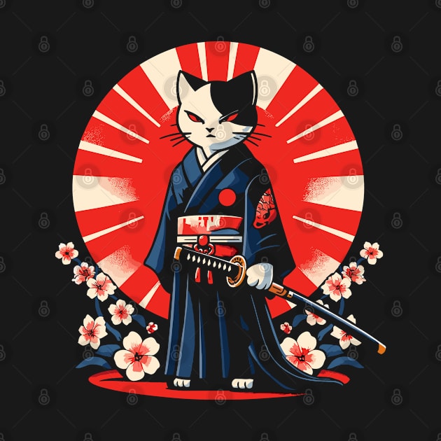 Kawaii Cat Anime Japanese Retro Samurai Novelty Funny Cat by KsuAnn