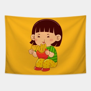 girl kids eating fries Tapestry