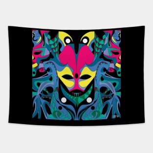 carnivale mask in alien pattern ecopop illustration in mexican totonac floral wallpaper Tapestry