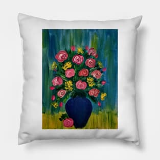 mixed flowers with red roses In a metallic blue vase Pillow