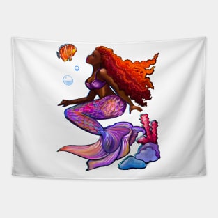 Beautiful Brown skin African American Mermaid. Black mermaid with flowing red hair. Afro locs. Great gift idea for mermaid lovers,Mermay,birthday gift for girls Tapestry