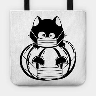 Black cat and pumpkin in face mask Tote