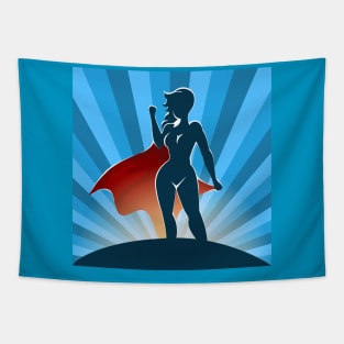 Female Superhero Standing on Blue Burst background Tapestry