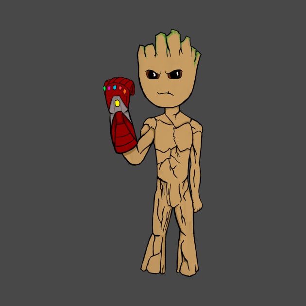 Baby Groot with the Infinity Gauntlet by cardozoink