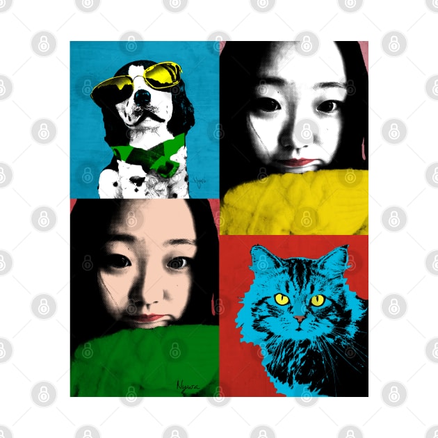 BEAUTIFUL FUNNY ASIAN GIRL, CAT AND DOG POP ART COLOR by NYWA-ART-PROJECT