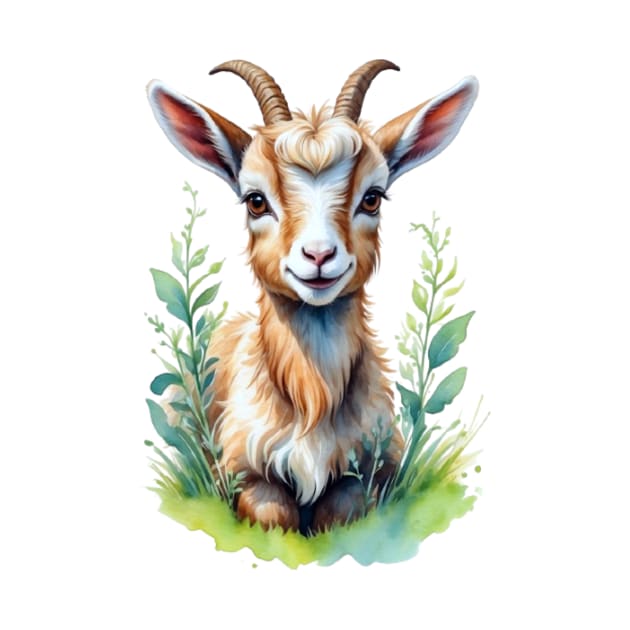 Pastoral Playmate: Watercolor Goat Portrait by Sirapop Design