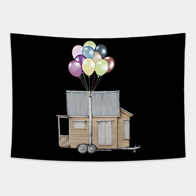 Up! Tiny House On Wheels With Balloons In Chimney, Like Up Movie Tapestry by iosta