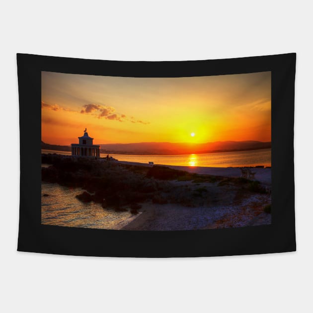 Kefalonia Sunset At Argostoli Lighthouse Tapestry by tommysphotos