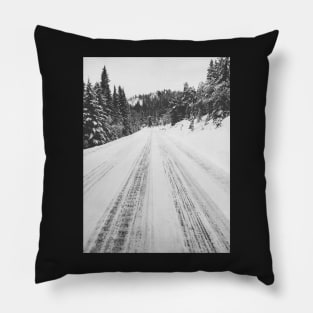 White Winter in Scandinavia - Mountain Road Through Fir Tree Forest Pillow