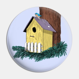 Funny Bluebird on Birdhouse Pin