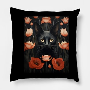 Black Cat Florals Whimsigoth | Gothic Style Kitty and Poppies Pillow