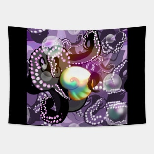 Purple and black octopus tentacles iridescent seashell rainbow bubble shimmer Tapestry