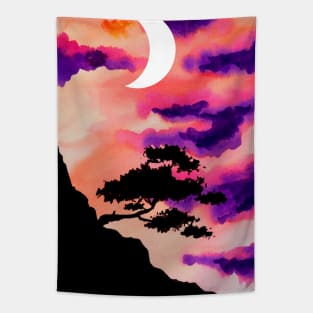 Mountain Tree Sunset and Moon Tapestry