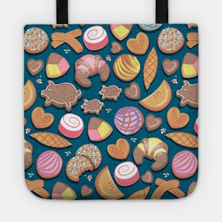 Mexican Sweet Bakery Frenzy // pattern // turquoise background pastel colors pan dulce Tote