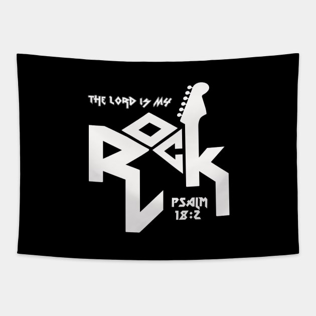 The Lord is my rock from Psalm 18:2, with guitar and white text Tapestry by Selah Shop