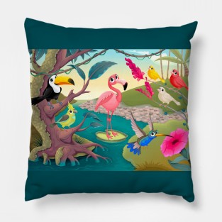 Group of funny tropical birds in the jungle Pillow