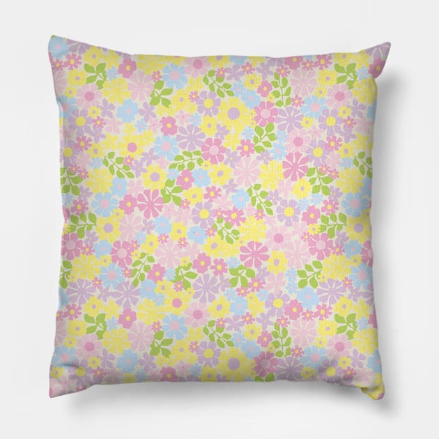 RETRO FLORAL PATTERN 70S GROOVY PASTEL PINK YELLOW GREEN BLUE FLOWER MARKET SCANDINAVIAN MEADOW MIDSOMMAR Pillow by blomastudios