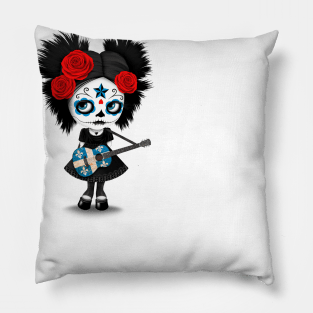 Sugar Skull Girl Playing Quebec Flag Guitar Pillow