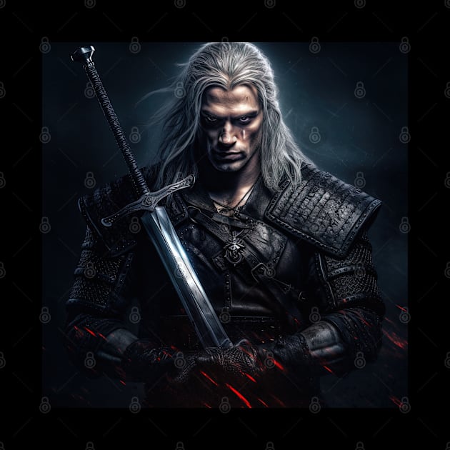 Witcher with sword on dark background by Maverick Media