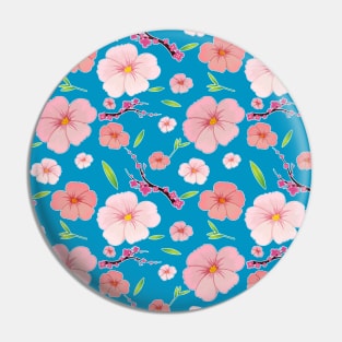 Pink Hibiscus and Sakura Blue Background Pin