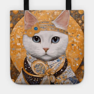 White Klimt Cat with Blues Eyes Tote