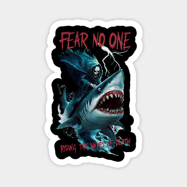 Fear No One Design: Grim Reaper Riding a Shark with Dark Ocean Waves Magnet by Designed By Marty