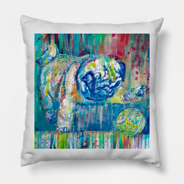 PUPPY PUG PLAYING WITH A TENNIS BALL - watercolor painting Pillow by lautir