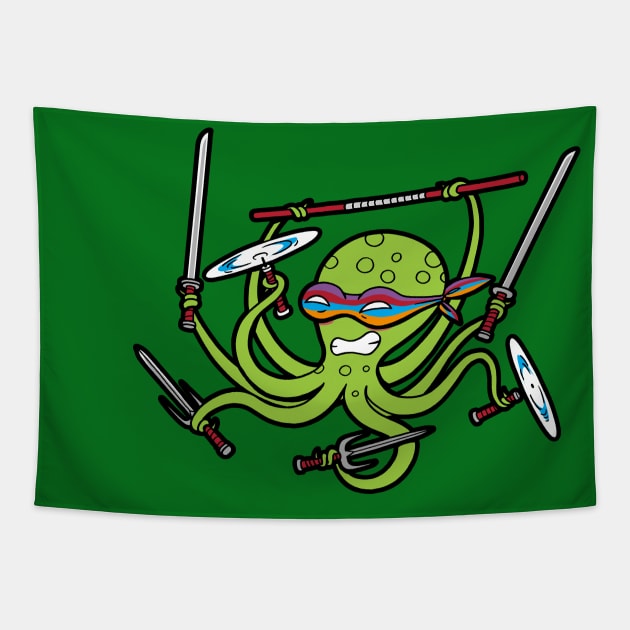 Cute Funny Kraken Ninja Multi-Tasking Monster Cartoon Tapestry by BoggsNicolas