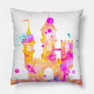 Princess Castle Watercolor Painting Pink Yellow Orange Pillow