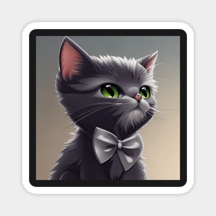 Elegant Grey Cat With a Grey Bow Tie | White and grey cat with green eyes | Digital art Sticker Magnet