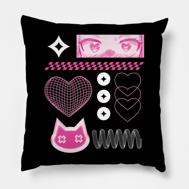 Y2K manga girl kitty Pink Edition Pillow by Milochka