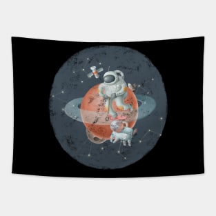 Spaceman riding scooter on Saturn Tapestry