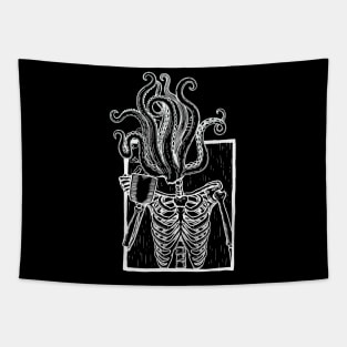 Coffee drinking skeleton with tentacle head Tapestry