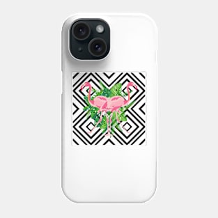 Hand drawn pink flamingo with tropical leaves in mirror image style on geometric background. Phone Case