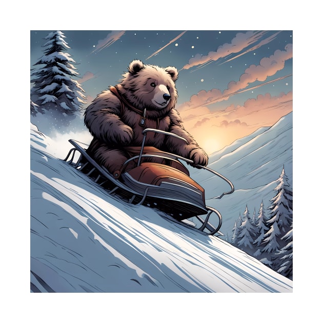 Teddy on a sledge riding down a hill in the snow by Colin-Bentham