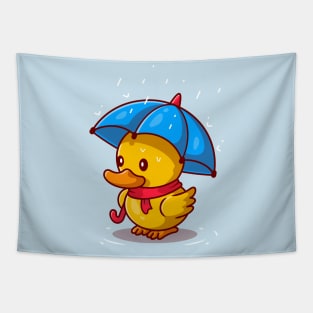 Cute Duck With Umbrella In the Rain Cartoon Tapestry