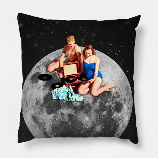 Moon and Sounds Collage art Pillow by CollageSoul